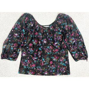 Vintage 70s Sheer Blouse Metallic Floral Black Contrast